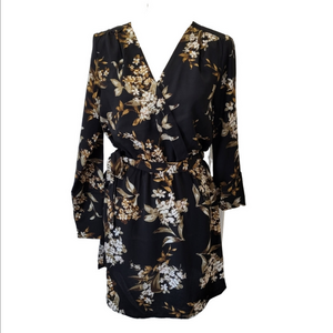 Dex black floral faux wrap dress small NWT